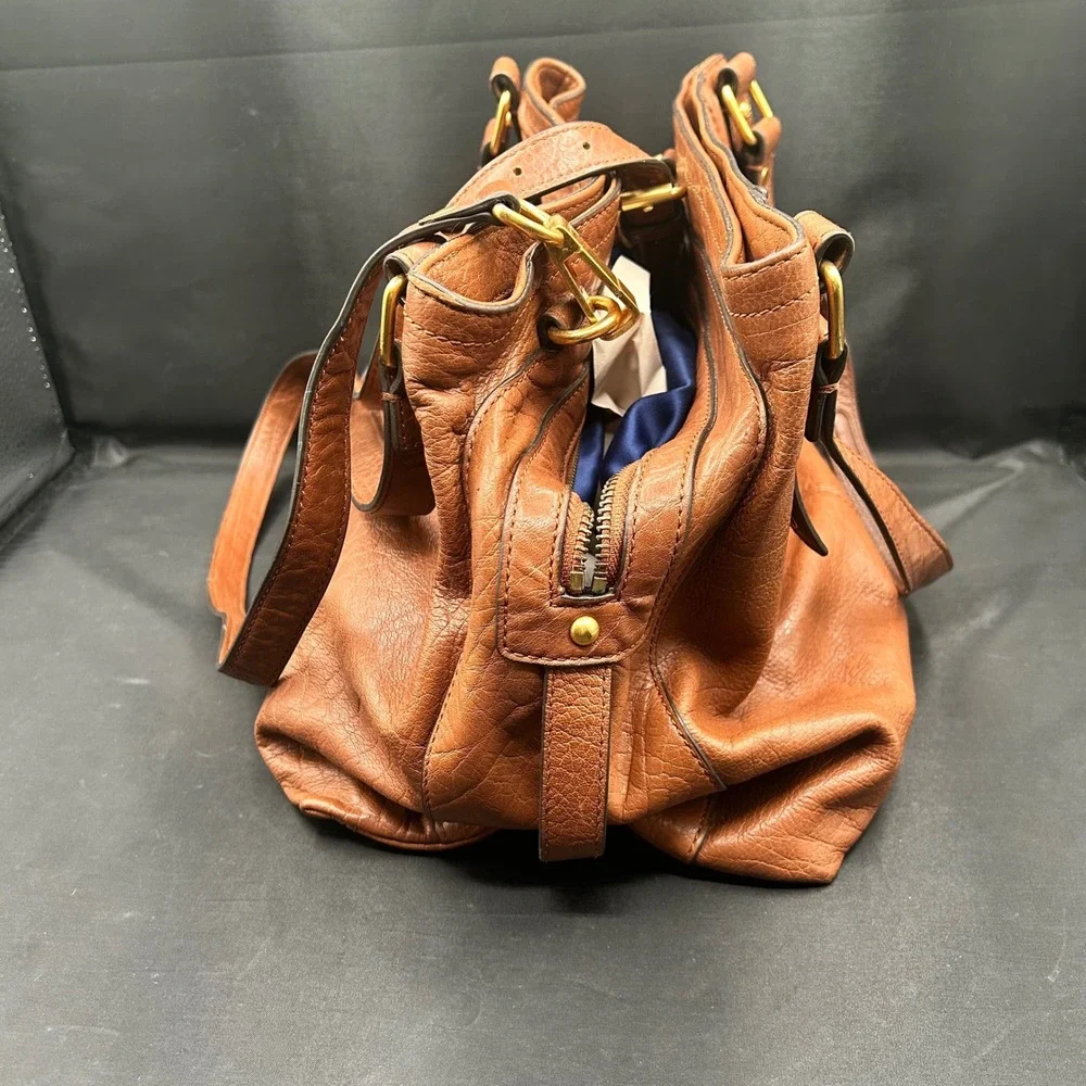 Juicy Couture Brown Buffalo Leather Satchel Crossbody Bag Gold Hardware Navy